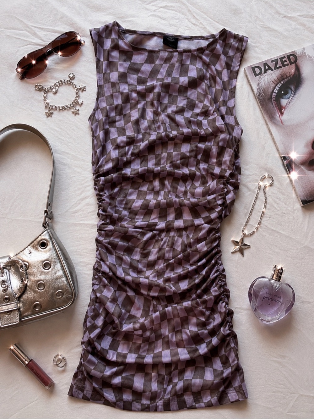 Urban Outfitters Y2K Checkered Ruched Mini Dress Brown Lavender Mesh Bodycon